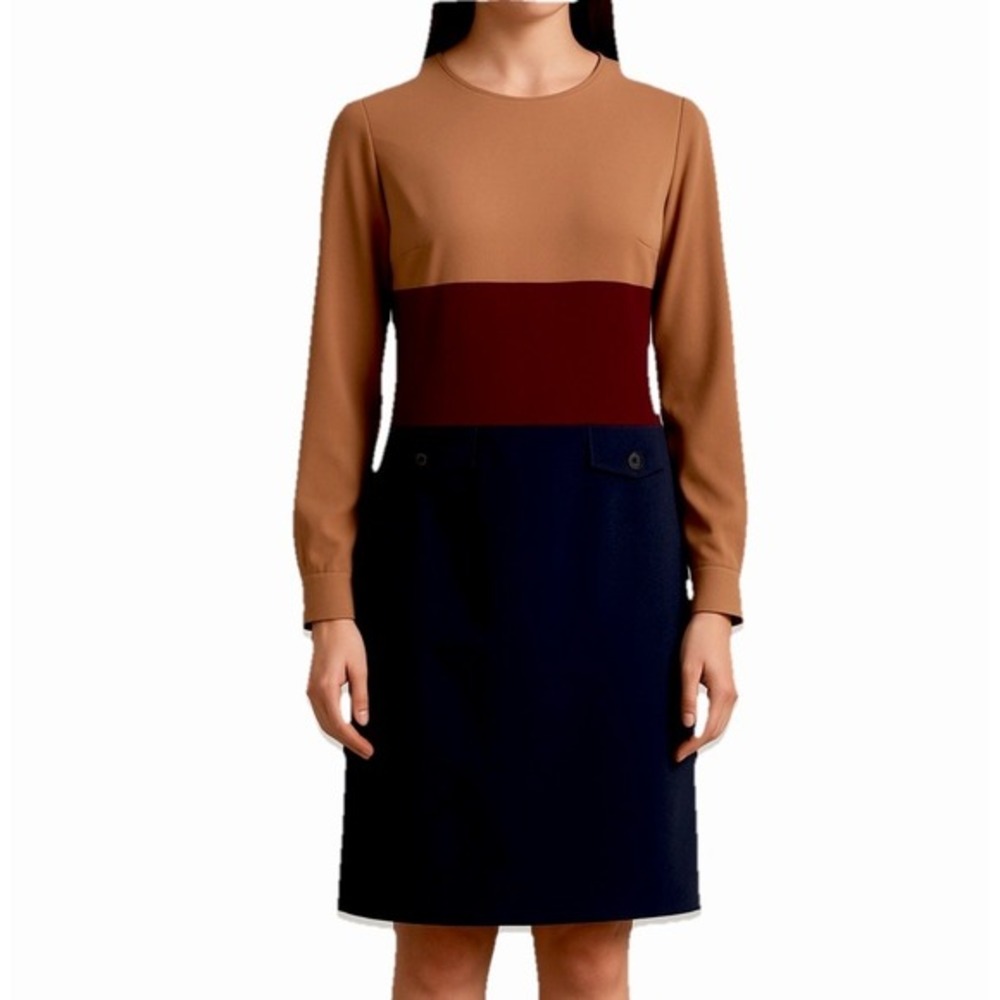 Pat Argenti 100% Silk Colorblock Sheath Dress Size 8 Long Sleeve Minimalist Work